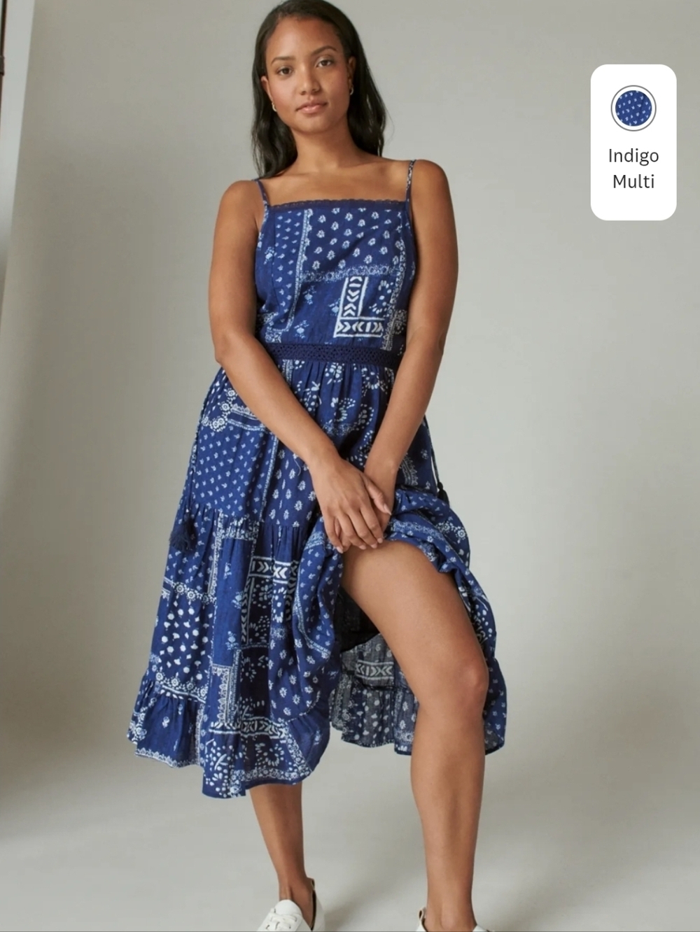 Lucky Brand blue and white patchwork print sleeveless midi dress